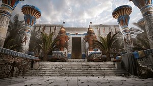 Concept of ancient temple in Egypt with pharaoh hall digital 3d reconstruction