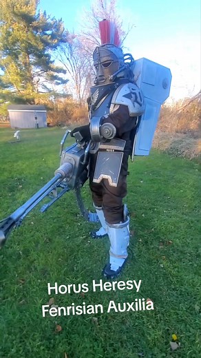 Latest cosplay commission - Horus Heresy Fenrisian Auxilia armed with a heavy stubber with a suspenser harness. Faceplate inspired by Sutton Hoo mask. Painted with Vallejo Game Color range. #warhammer #30k #vallejo #gamesworkshop | Fred and Elle Designs