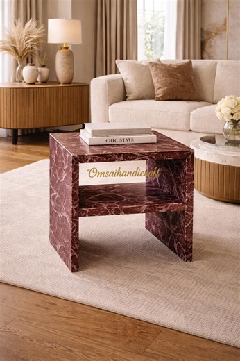 Rosso Levanto Marble Side Table – Modern Red Stone Cube With Shelf - Etsy