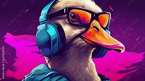 Synthwave tech Music dj goose with sunglasses and headphones - Colorful synthwave neon background - - Seamless loop animation, created using AI Generative Technology