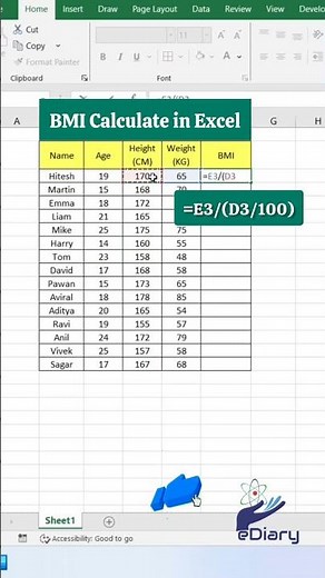 BMI Calculate in Excel – Quick Formula #bmicalculator #exceltricks #excelshorts