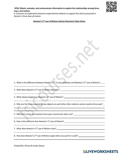 Newton's 3rd Law of Motion Video Notes interactive worksheet