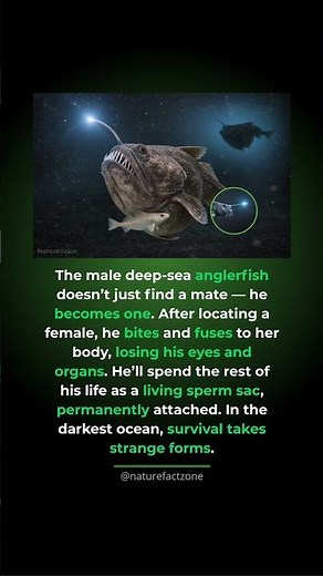 This fish becomes part of its mate. The male anglerfish fuses into the female permane...