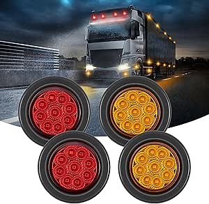 FXC 4Pack 2 Inch Round Truck Trailer LED Side Marker Clearance Lights 9 Diodes with Reflectors Waterproof 12V Side Fender Marker Light with Grommets and Wire Pigtail (Amber Red)