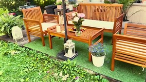 Tangkula 8 Piece Outdoor Acacia Wood Sofa Set w/Water Resistant Cushions, Padded Patio Conversation Table Chair Set w/Coffee Table for Garden, Backyard, Poolside (2)