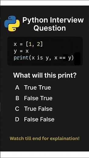 Day 25 | Python Interview Questions | is vs == Explained Clearly 💡 #python #coding #shorts