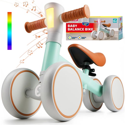 LED Baby Balance Bike with Music for 1 2 3 Year Old Boys Girls 12-36 Months Adjustable Toddler First Bike with Lights & Sounds 4 Wheels Riding Toys, First Birthday Gifts
