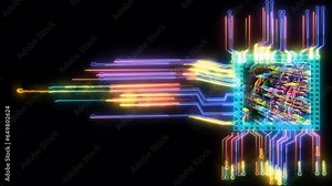 Quantum computer chip futuristic technology digital layer holographic process and analysis for big data and abstract orange zone polygon