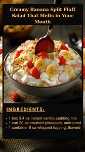 43K views · 224 reactions | Banana  Split Fluff Salad Recipe ingredients: 1 (3.4-ounce) box instant vanilla pudding mix 1 (20-ounce) can crushed pineapple (undrained) 1 (8-ounce) container whipped topping (thawed) 1 1/2 cups mini marshmallows ..... Full Recipe in Coʍmеոτ   | Easy Recipe Mama's | Facebook