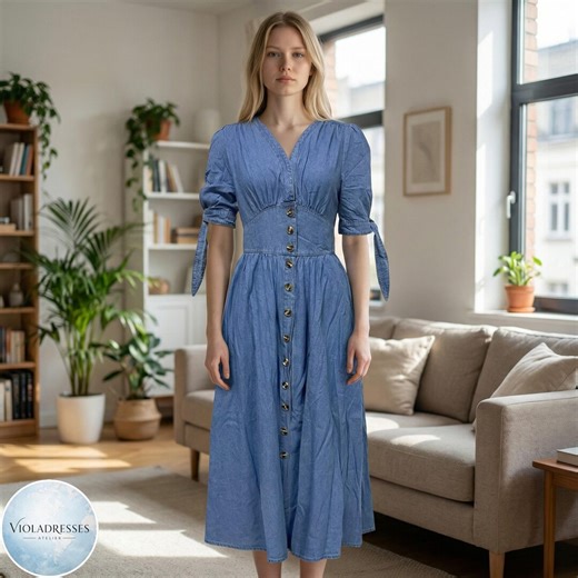 V Neck Denim Dress Women Button Front Midi Summer Casual Dress - Etsy