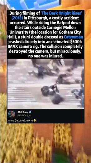 During filming of 'The Dark Knight Rises' (2012) in Pittsburgh, a costly accident occurred. While ri