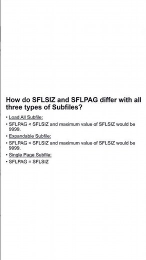 How do SFLSIZ and SFLPAG differ with all three types of Subfiles in IBM i AS400