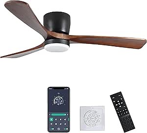 42"" Bedroom Ceiling Fan with Light, 3 Wood Blade, Reversible DC Motor, 6-Speed, Low Profile Flush Mount Ceiling Fan with Dimmable Led Light APP/Remote Control, Black, W2352P154687