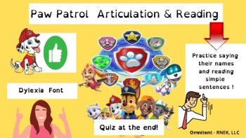 Paw Patrol Articulation Reading Simple Sentences Name the Character Fun!