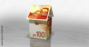 Israel Shekel money banknotes paper house on the table. Israel ILS currency notes 3D concept of home mortgage loan, debt, rent, costs, liabilities and building wealth financing. Seamless and looped.