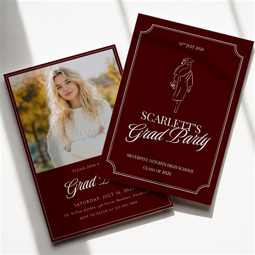 Elegant Burgundy Graduation Invitation Template | Canva Printable Invite With Photo - Etsy