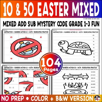 Mixed Addition Subtraction 10 50 Easter Mystery Code Color Grade 1 2 3 Math Fun