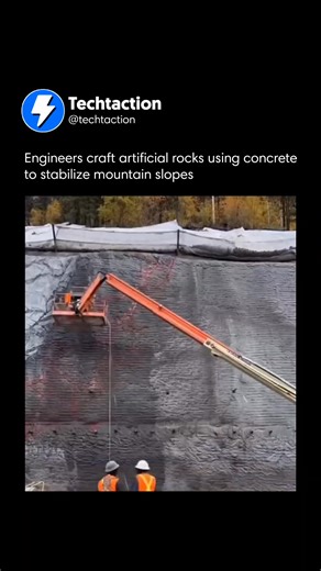Interesting Tech Videos!🎬 on Instagram: "Engineers have introduced a groundbreaking technology that creates artificial rocks directly on mountainsides, revolutionizing how we protect and stabilize natural landscapes. This innovative process forms rock-like structures from concrete, designed to mimic the texture, strength, and durability of real stone. It offers a powerful way to strengthen slopes and prevent landslides in areas prone to erosion. Beyond structural benefits, this method contribut