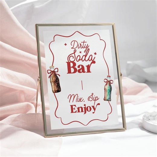 DIRTY Soda Sign for Wedding Template | Bridal Shower Bar Card Canva | Mocktail Drink Recipes Table Signage, Watercolor Red Poster With Frame - Etsy
