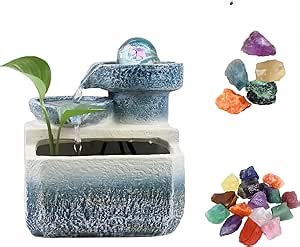 Free 10PCS Crystals Desktop Mini Fountain - Crystal Beads Humidifier, Flowing Water Decoration Gift for Office and Living Room (14.5 * 14 * 17.5 CM) - Sky Blue
