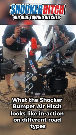 From gravel to highway, see how the Shocker Air Hitch flexes and absorbs every bump — giving you a smoother, safer tow. 🎈🔥 #gravel #highway #roughroads #smooth #airride #towing #howitworks | Shocker Hitch
