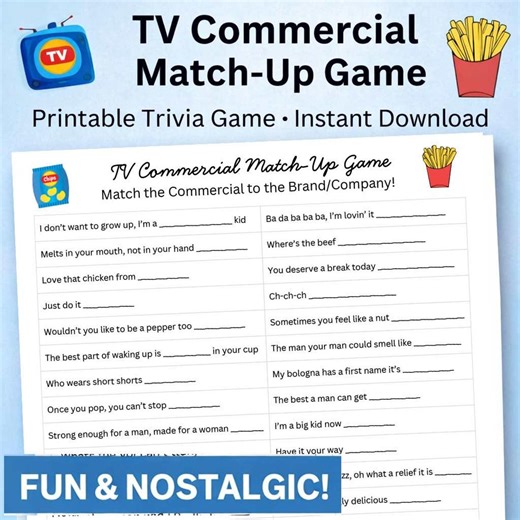 TV Commercial Match-up Game - Fun Printable Trivia Game • Family Friendly • Instant Download - Etsy