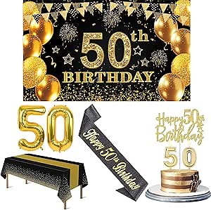 50th Birthday Decorations Men Women with 50th Birthday Banner, Black and Gold Table Cloth, Number Balloons, Large Sash, Cake Topper and Candles