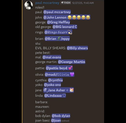 roles open: maureen, barbara, astrid, stu, and pete best!! please join guys we need more members! everyone is super nice for the most part and theres lots of places/things to rp!!!! #discordserver #beatles #thebeatles #fyp #viralvideo