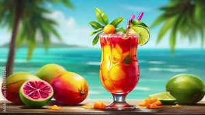 tropical mango tango cocktail, with juicy mangoes, tangy lime, and a splash of grenadine, on a beach background