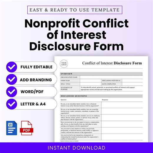 Nonprofit Conflict of Interest Disclosure Form Template – Word & PDF, A4   US Letter - Etsy