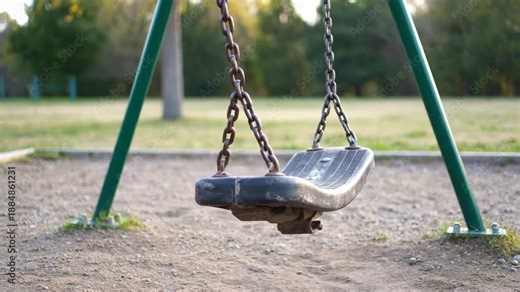 Empty swing. An empty playground swing gently moving back and forth in the wind, chains softly creaking in a quiet setting.