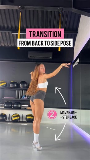 Elena | Fitness bikini athlete | Posing coach on Instagram: "Transition from Back pose to Side pose Step by step 🩷🙌 TIP: Try with feet only first and add the arms movements when you are ready 🫶🏻 Follow @littlelenny_fit for more posing tips 🎀 #posingbikini #posingtips #posingpractice #wnbf #bikinicompetitionprep"