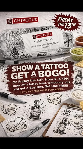 Friday the 13th just got a whole lot tastier. 👀🌯 Got a tattoo? Real, temporary, or even Sharpie-drawn — it counts. Pull up between 3–4 PM and score a BOGO Chipotle bag. That means double the burritos, bowls, or tacos and half the regret. No ink? No problem. Grab a marker, get creative, and let the burrito gods reward you. 🌶️ Tag your burrito crew and make this the luckiest Friday the 13th ever. ⚡ Buy One. Get One. Show the Ink. #chipotle #chipotlelovers #burritolife #burritotime #foodiefriday