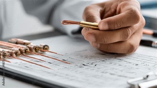 Medium shot of a technician comparing copper wires against a metric wire gauge chart highlighting precise millimeter measurements for international applications.