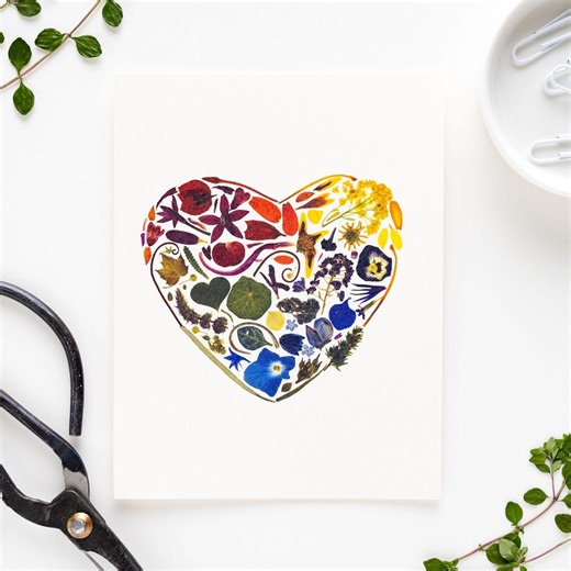 Rainbow Heart, Pressed Flower Print: Whimsical Botanical Art Notecard - Etsy