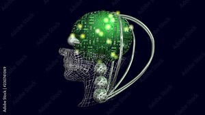 AI head, robot brain with blinking lights. Side view. 3d animation