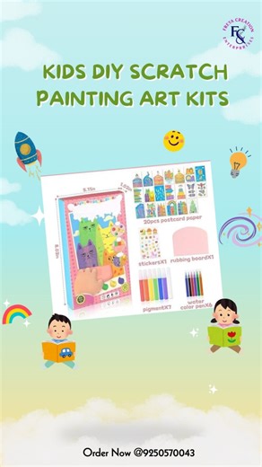Freya Creations on Instagram: "🎨✨ Kids DIY Scratch Painting Art Kits ✨🎨 Let your little ones explore creativity with this fun, mess-free DIY scratch painting kit 🧒👧 Packed with colorful postcards, pigments, stickers, and water color pens, it keeps kids engaged while boosting imagination and motor skills. 🌈 Easy & safe for kids 🖌 Encourages creativity & focus 🎁 Perfect for gifting & playtime learning 📲 Order Now: 9250570043 #KidsArtKit #DIYArtForKids #ScratchPainting #CreativeKids #ArtAnd