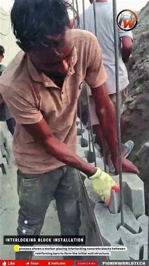 Worker Installs Interlocking Blocks to Build a Faster and More Accurate Wall Structure