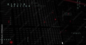 Binary code and data analysis animation over dark background with red highlights