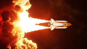 Vertical video of night launch of space shuttle. Slow motion. 4K. 3840x2160. UHD. 3D animation.