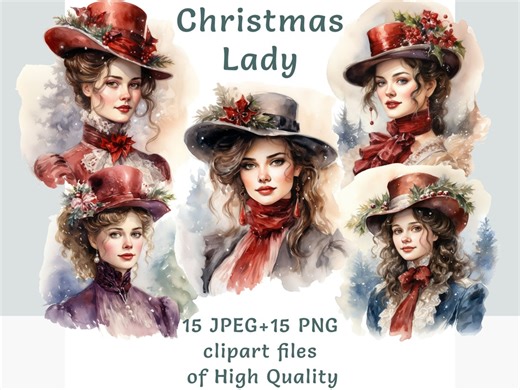 Vintage Lady Clipart Bundle, Watercolor Christmas Clipart, Commercial Use Lady With Rose Stickers Set, Sublimation Print Victorian Woman - Etsy