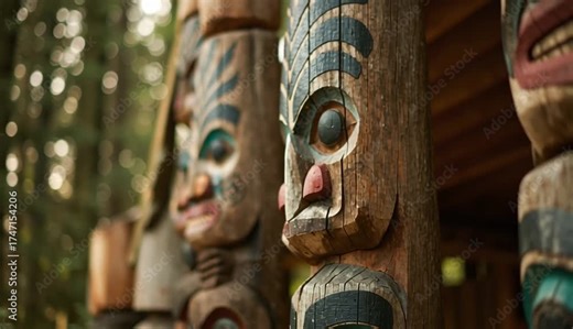 Close-up of traditional totem poles in green rich forest. Carving art showcases native culture, wood craft, detail faces with expressions and colors. Symbol of heritage, history, spirituality