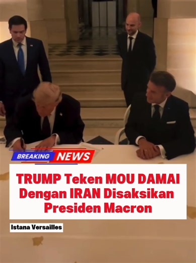 Kesepakatan damai Amerika Serikat dengan Iran telah ditandatangani Presiden AS Donald Trump, pada Rabu (17/6) malam setelah pertemuan KTT G7 di Istana Versailles, Prancis. Memorandum of Understanding (MOU) atau nota kesepahaman perjanjian damai itu diteken oleh Trump, yang berisi total 14 pasal atau butir di dalam draf tersebut. Presiden Prancis Emmanuel Macron menyaksikan langsung penandatanganan tersebut. Kepada Macron, Trump mengungkapkan bahwa hal itu tidak mudah. Di hari yang sama, Presiden