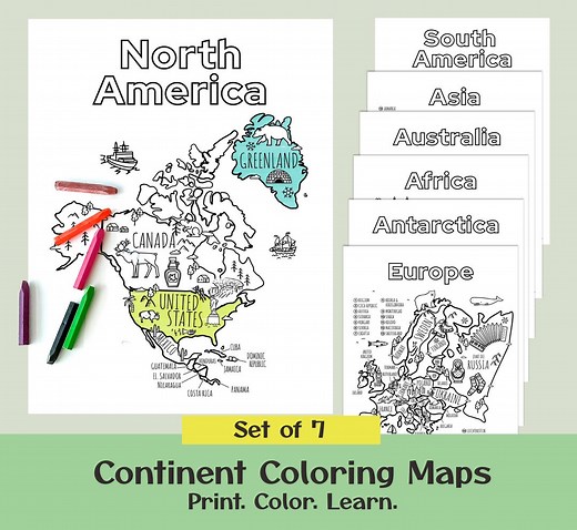 Illustrated 7 Continents Map | Toddler World Geographic Printable Activity| Home School Educational Coloring | Track Sales Orders Travel - Etsy