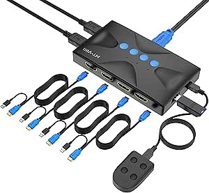 MT-VIKI KVM Switch 4 Port, HDMI KVM Switch for 4 Computers Share One HD 4K Monitor and 3 USB Devices Keyboard Mouse Printer, Including 4 KVM Cables and Wire-Desktop Controller