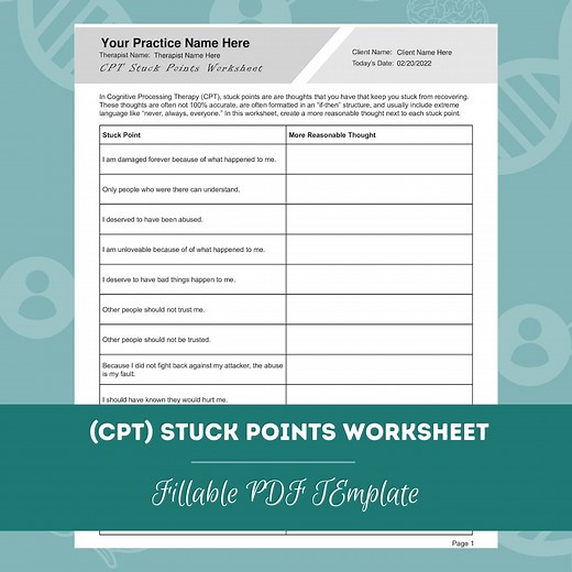 Cognitive Processing Therapy (CPT) Stuck Points Worksheet | Editable / Fillable PDF | for Counselors, Psychologists, Therapists - Etsy