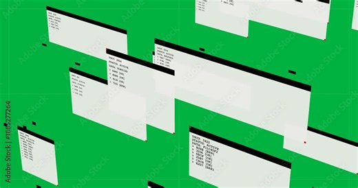 New panels entering frame sliding diagonally, forming grid showing status on transparent plane