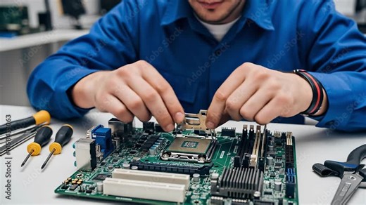 Young Male Technician Assembling Computer Components and Installing a CPU on a Motherboard in a Modern Workshop Setting