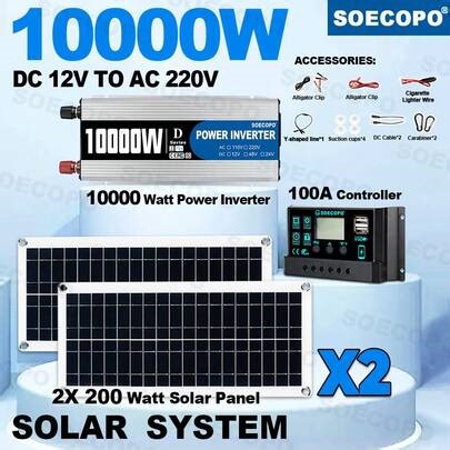 Kit de inicio solar DIY: Inversor de 10000W (12V-110V/220V) + 2 paneles solares + Controlador de carga de 100A | SHEIN