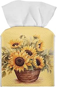 Sunflower Print Tissue Cover Novelty Case Box with Bottom Belt Tissue Box Holder Square Tissue Dispenser Box Novelty for Bathroom Office Parlor Yellow